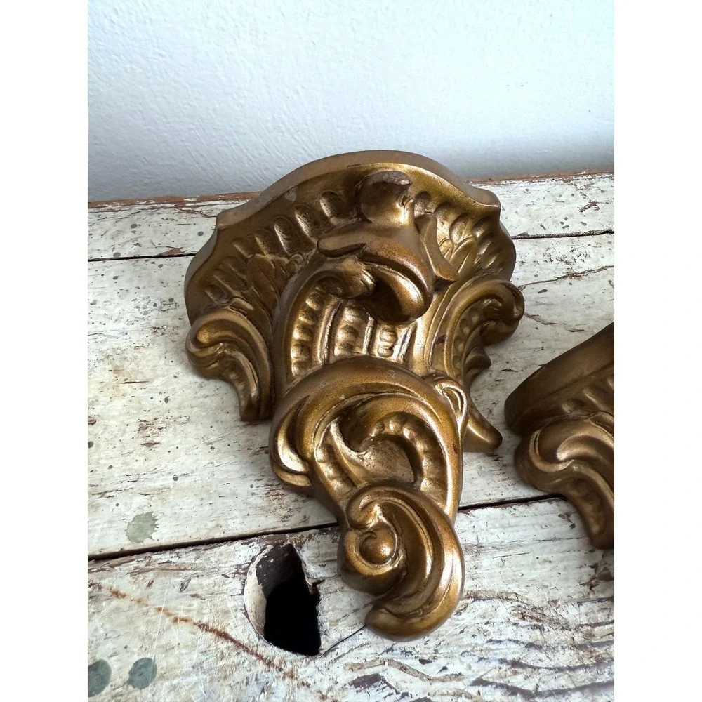 Vintage Pair Plaster Gold Wall Sconces Hollywood Regency Classical Shelf‎